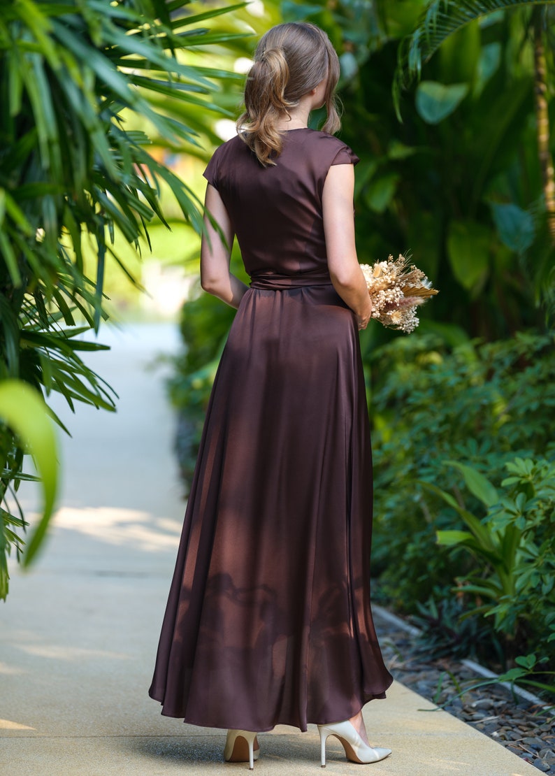 Chocolate brown silk dress, silk dress, wrap dress, bridesmaid dress, wedding guest dress, women dress, evening dress, long dress image 10