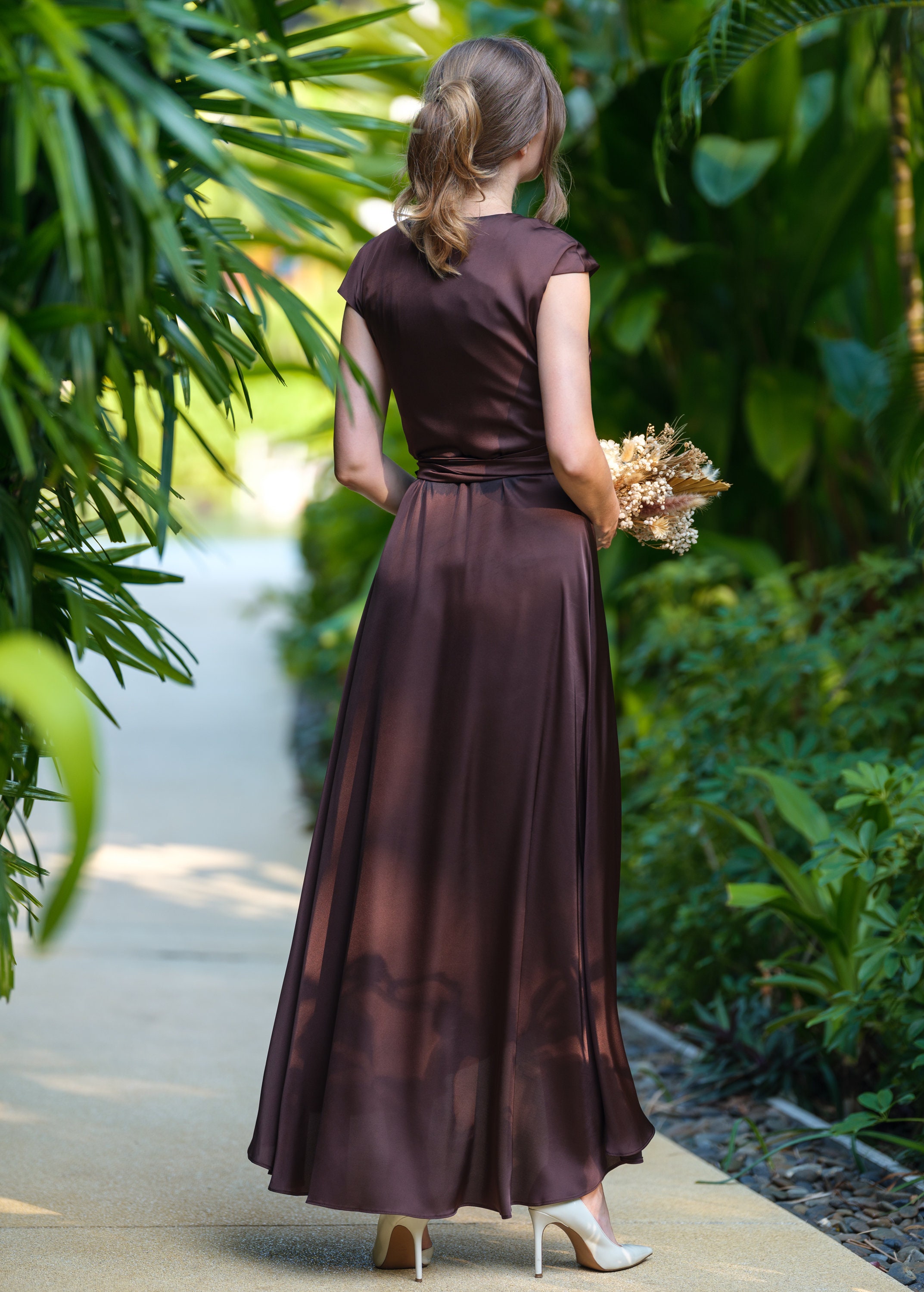 Silk dress in chocolate brown, wrap dress, bridesmaid dress, wedding guest dress, women dress, evening dress, long dress, bridesmaid gift