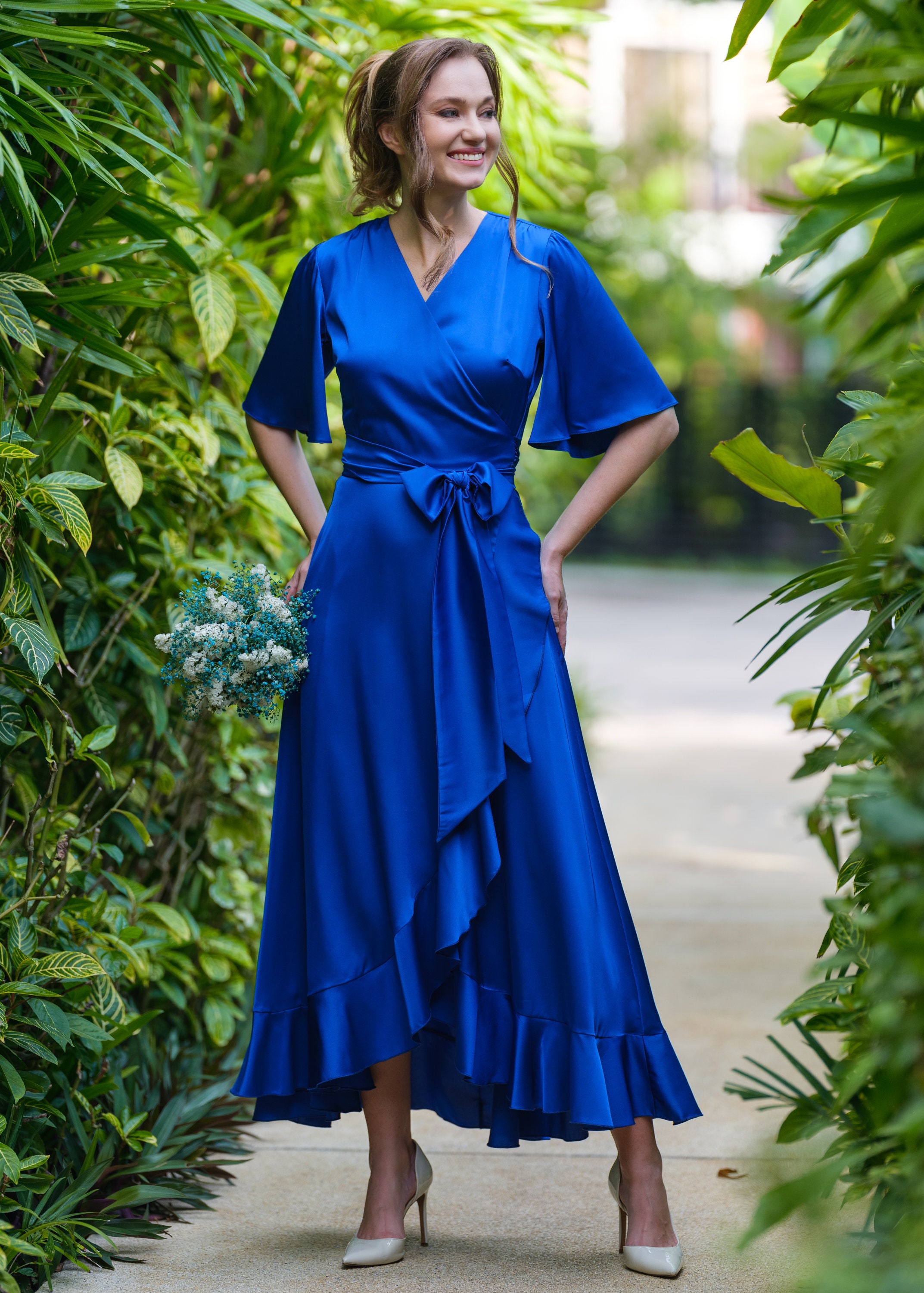 royal blue flowy dress Off the Shoulder Ruffle Tiered Tulle Long Prom Dresses MD4013101 Dressmeet neckline and wide straps that flow into a strappy back Azazie Cierra Ready to Ship