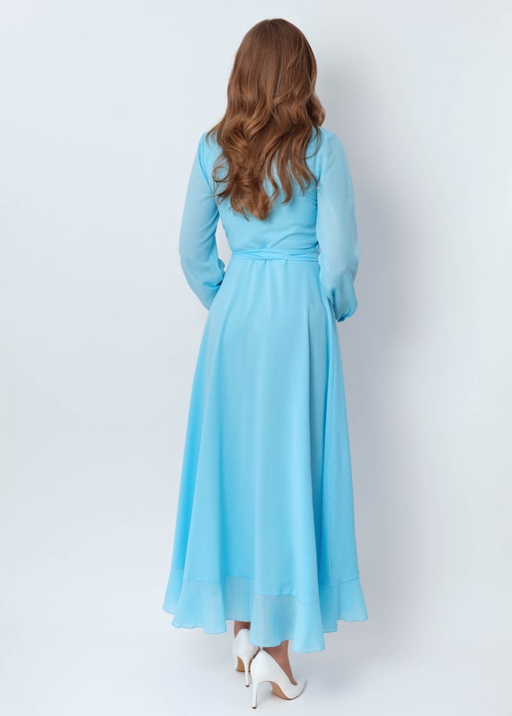 Sky blue chiffon bridesmaid dress, wedding guest dress, bridesmaids dress, chiffon long wrap dress, evening dress, formal chiffon dress