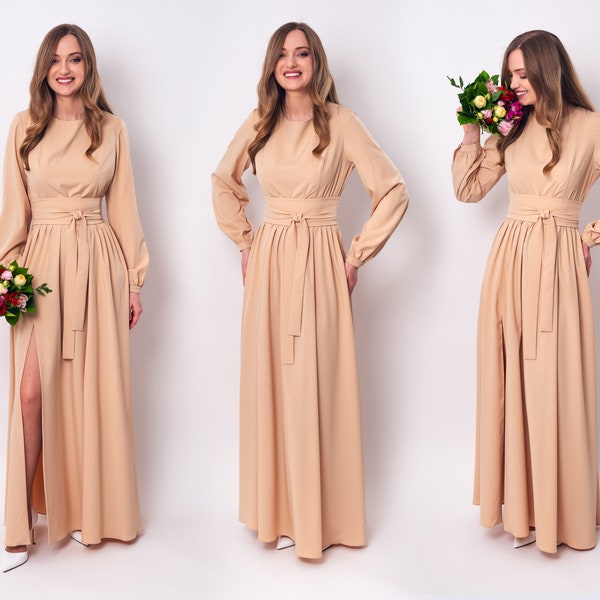 Champagne beige long slit dress with belt, bridesmaid dress, cocktail dress, wedding guest dress, maxi party dress, formal dress, prom dress