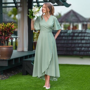 Sage green long wrap crepe dress, bridesmaid dress, wedding guest dress, formal dress, cocktail dress, evening dress, ruffle dress