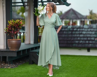 Earthy Sage Green Bridesmaid Dress , Women Formal Boho Midi Wrap Dresses ,  Wedding Guest Party Outfits , Drop Shoulder , Asymmetrically - Etsy