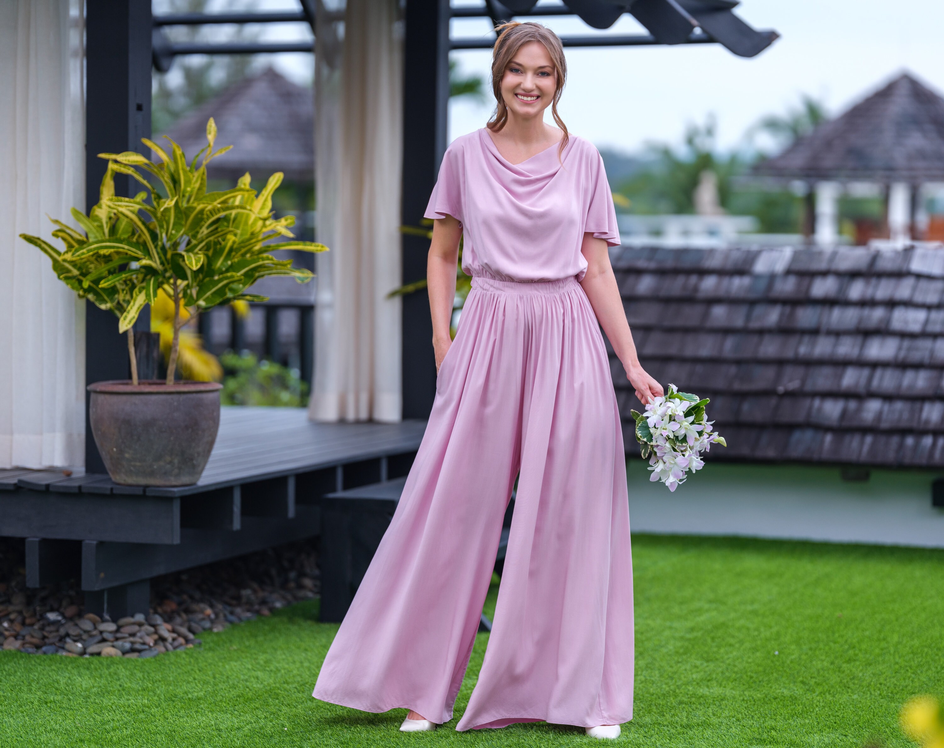 sachin and babi light blue dress High-neck Cutout Satin Bridesmaid Dress With Pockets In Cognac main image 1