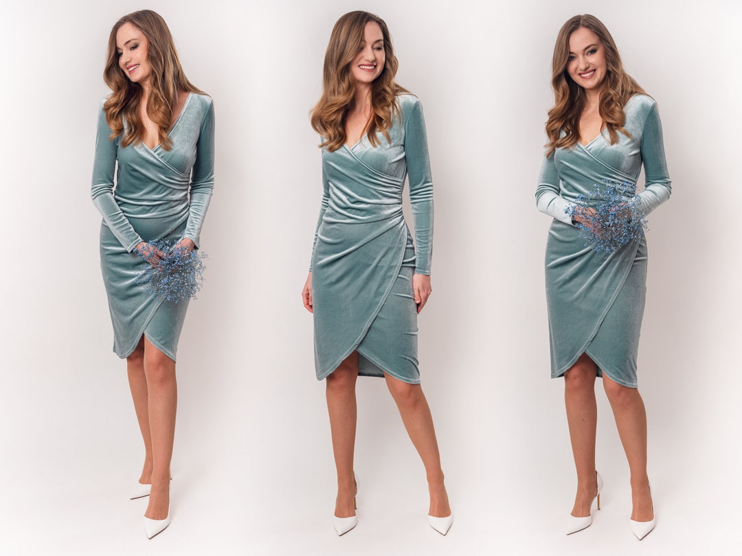 Dusty Blue Velvet Dress, Wedding Guest Dress, Evening Dress,velvet