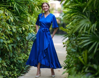 Royal blue dress, silk dress, wrap dress, bridesmaid dress, wedding guest dress, women dress, maxi dress, evening dress, long dress