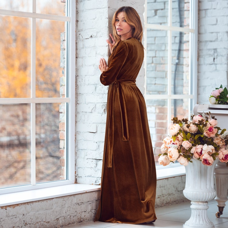 Rust gold velvet long wrap dress, bridesmaid velvet dress, wedding dress, velvet bridesmaid dress, New Year dress, maxi dress,evening dress image 6