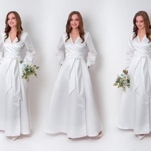 Weißes Satin Wickelkleid, Satin Wickelkleid, einfaches Hochzeitskleid, Brautjungfernkleid, Hochzeitsgastkleid, Abendkleid, Abendkleid