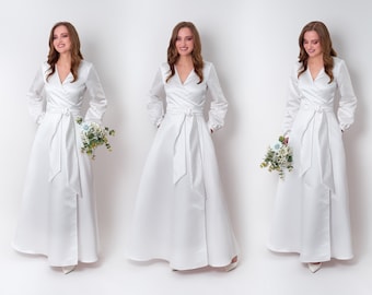 Vestido de satén con envoltura blanca, vestido de envoltura de satén, vestido de novia simple, vestido de dama de honor, vestido de invitados de boda, vestido de noche, vestido formal