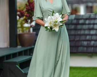 green emerald velvet dress Flutter Sleeve V Neck Plunge Crepe Bridesmaid Dress - Sage