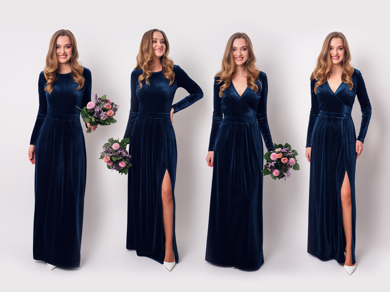 Navy Blue Velvet Long Dress Bridesmaid Velvet Dress Wedding Etsy