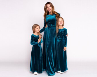 Mommy and me teal green long velvet dresses, Mother and Daughter dresses, photoshoot dress for mother and daughter, dresses for girls