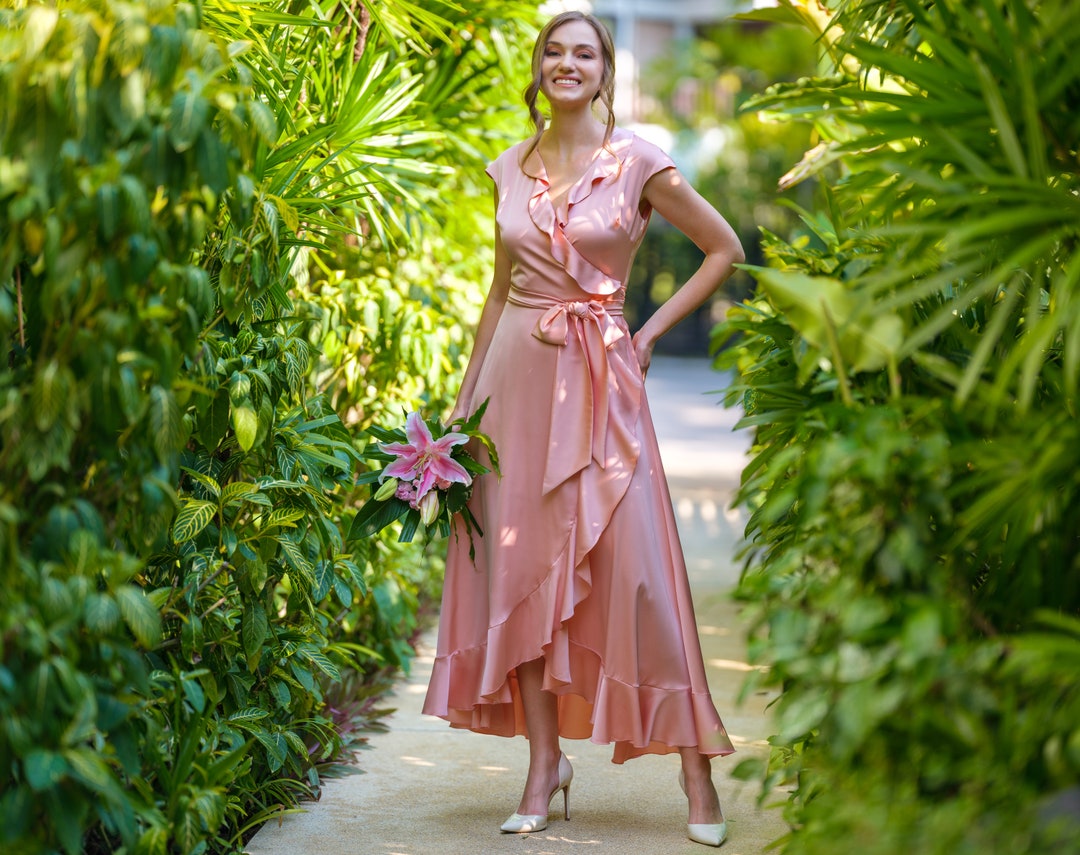 Blush Pink Silk Dress, Silk Dress, Wrap Dress, Bridesmaid Dress ...