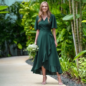 Vestido de dama de honor de gasa verde oscuro, vestido de invitada de boda, vestido de dama de honor, vestido largo cruzado de gasa, vestido de noche, vestido formal de gasa