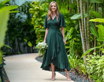 Robe de demoiselle d'honneur en mousseline de soie vert foncé, robe d'invité de mariage, robe de demoiselles d'honneur, longue robe portefeuille en mousseline de soie, robe de soirée, robe formelle en mousseline de soie