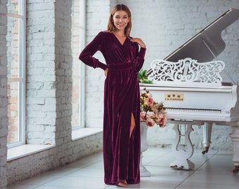 Plum burgundy Teal Green Velvet Wrap Robe: Long Sleeve Luxury Dressing Gown with Pockets and Waist Tie