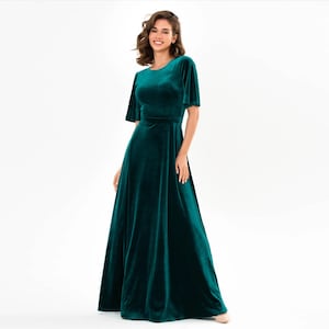 Teal green long dress, bridesmaid velvet dress, wedding guest dress, velvet slit wrap dress, maxi dress, evening dress,