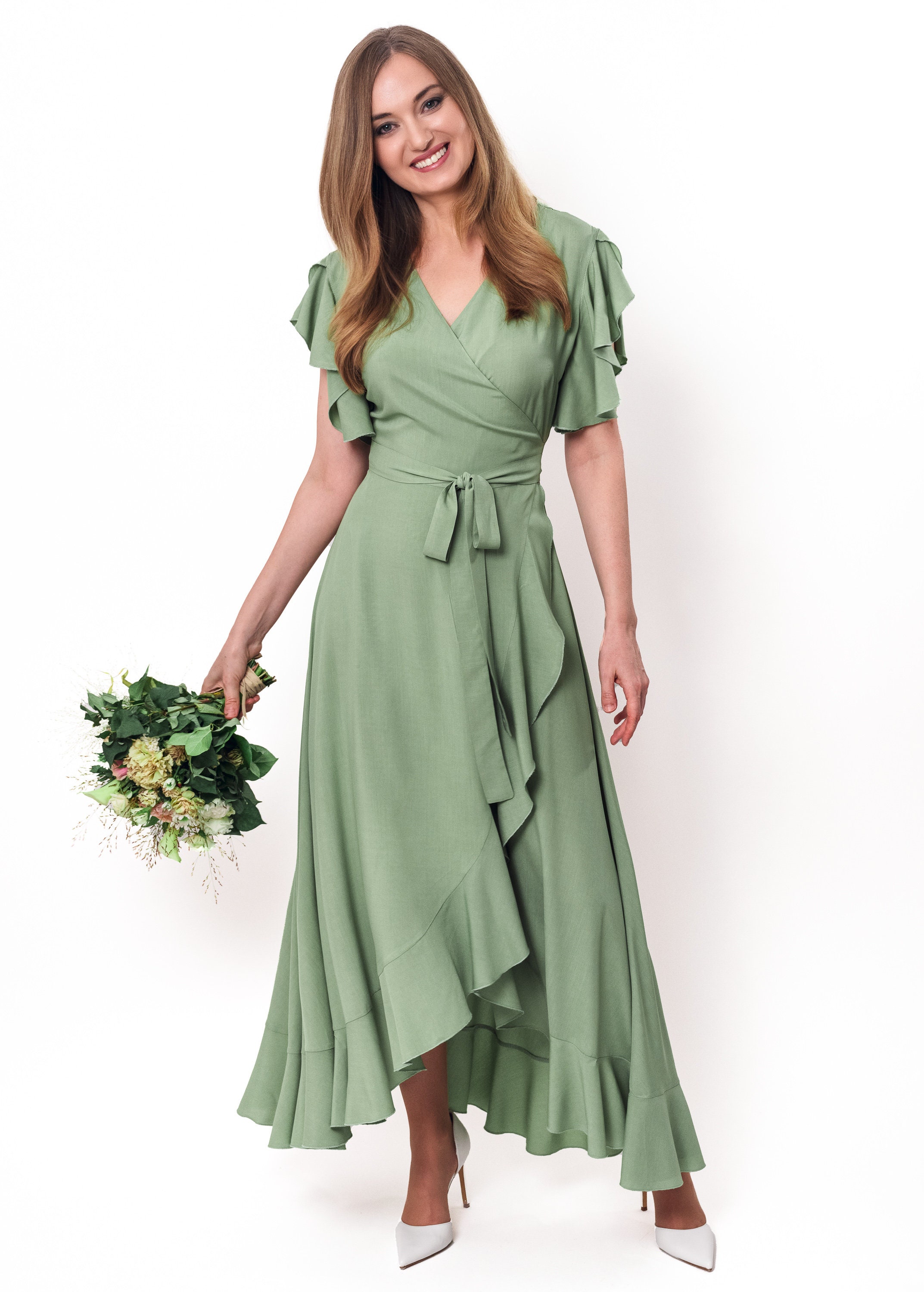 Sage green romantic wrap around dress, maxi dress, long dress, wedding guest dress, formal short sleeve dress, evening dress, elegant dress