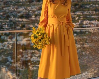 yellow fall dress women ClodeEU Women Plus Size Long Sleeve Dress with Pockets ,Fall Loose Swing Tshirt Dresses Yellow,Womens Plus XL