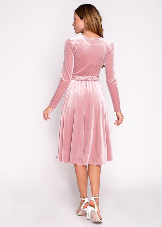 Velvet Midi Dress in Mauve With Bow Belt and Long Sleeve: Holiday Party,  Christmas, Fall Winter Outfit - Etsy Israel