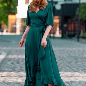 Dark Green Dress Silk Dress Wrap Dress Bridesmaid Dress - Etsy
