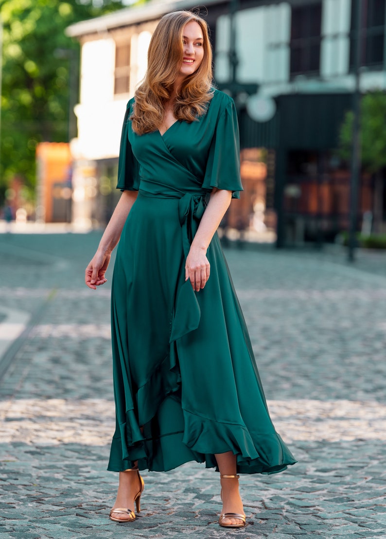 Dark Green Dress Silk Dress Wrap Dress Bridesmaid Dress - Etsy