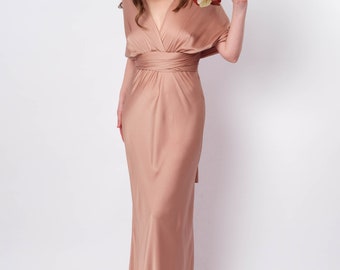 Rose Gold Silk Infinity Dress | Convertible Bridesmaid Gown | Wedding Guest Outfit