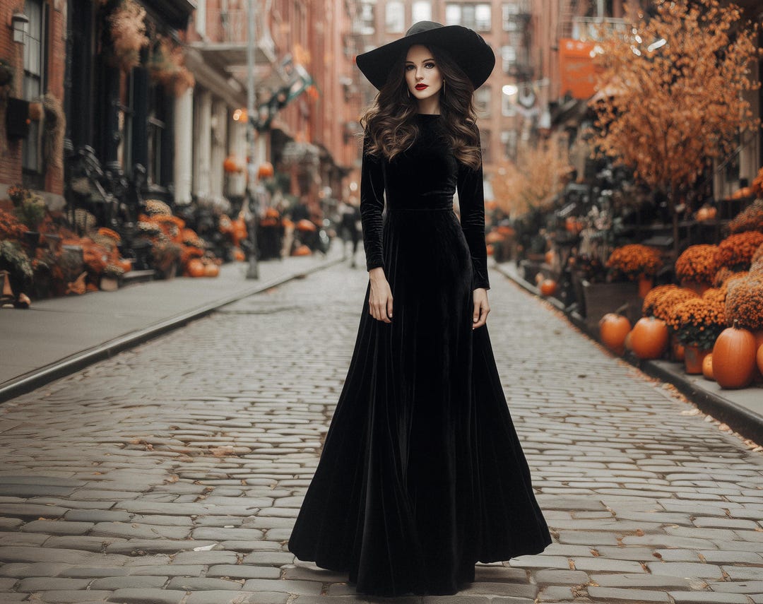 Black velvet Halloween dress, Gothic Halloween gown, Long sleeve maxi dress, Fall costume party, Dark academia, Witchcore dress, Plus size