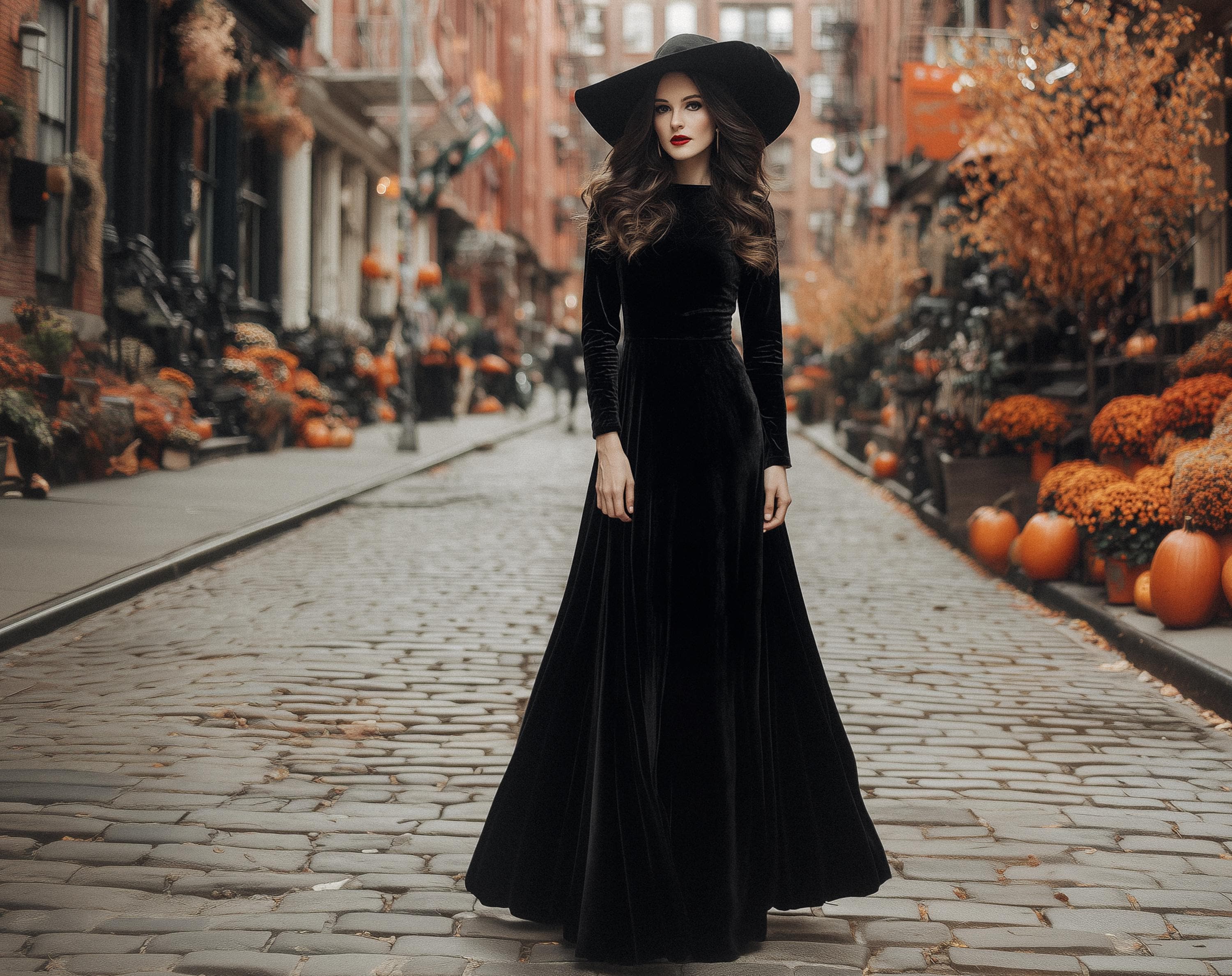 は*か様 Velour Long Dress black herli Black Velvet Halloween Dress