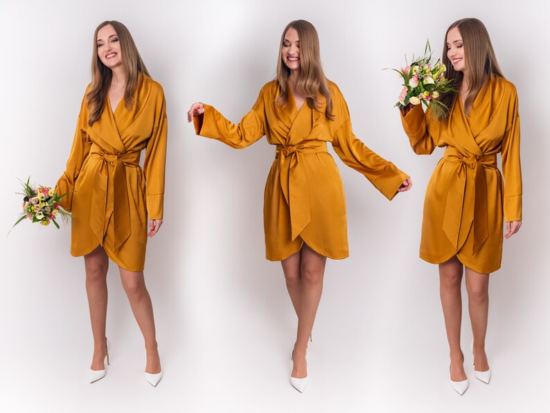 Gold long silk robe, bride robe, bridesmaid robe, luxury silk satin robe, wedding robe, kimono robe, dressing gown, bridal orders party robe