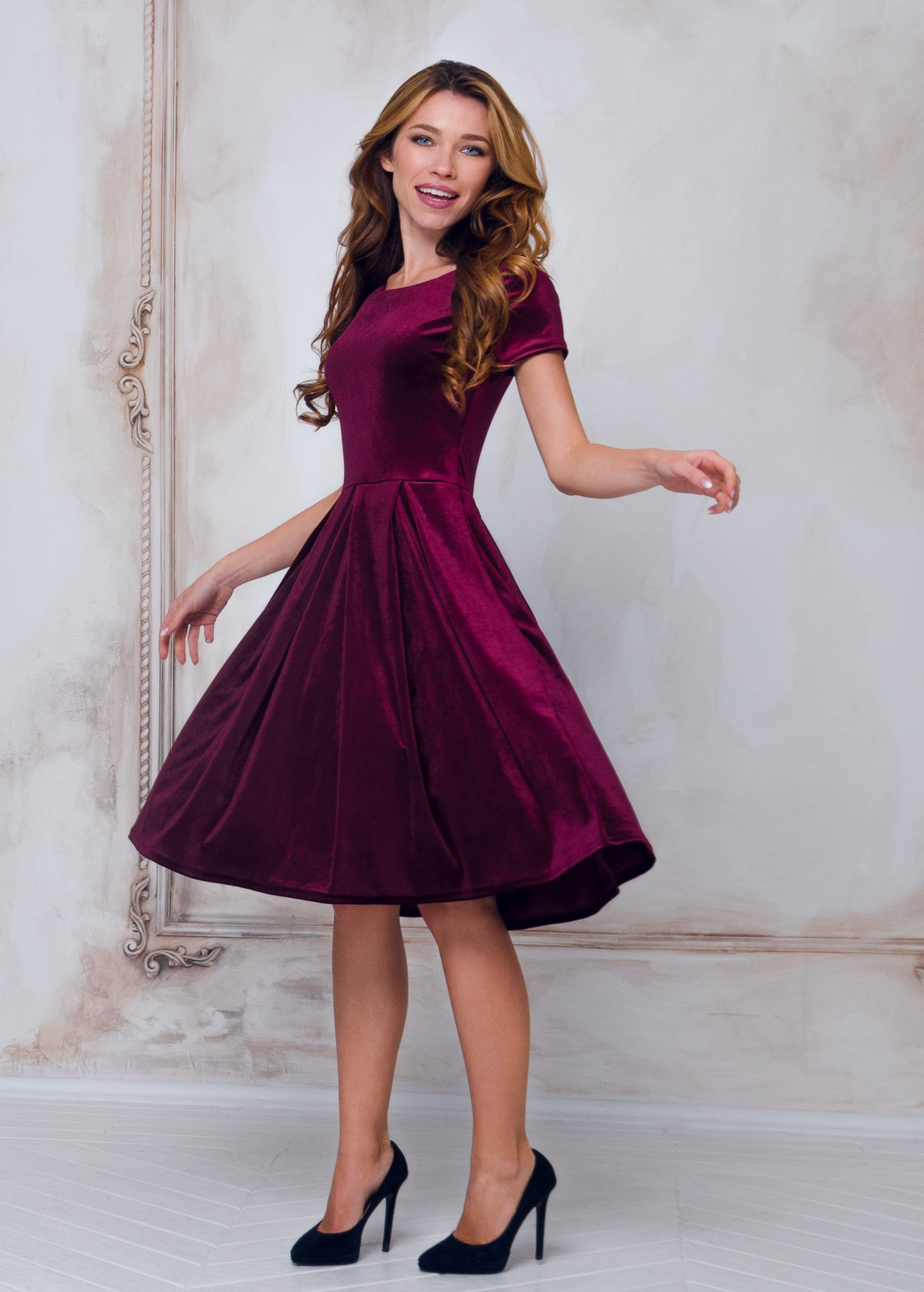 Velvet Short Dress in Plum Burgundy: with Short sleeves and bow belt, for Holiday Parties, Fall and Winter, Christmas Velvet Short Dress in Plum Burgundy: with Short sleeves and bow belt, for Holiday Parties, Fall and Winter, Christmas