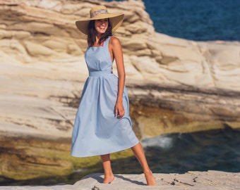 Blaues langes Sommerkleid aus Bio-Baumwolle, 50er Jahre Sommerkleid, 50er Jahre Sommerkleid, ärmellos, Retro-Stil