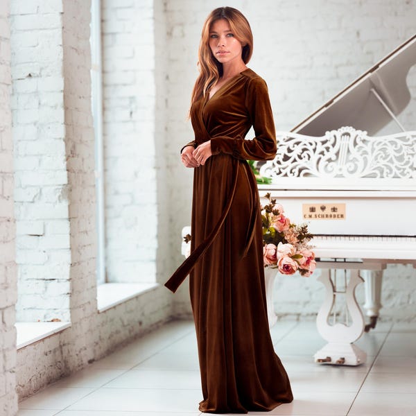Rust Brown Velvet Wrap Robe: Long Sleeve Luxury Dressing Gown with Pockets and Waist Tie