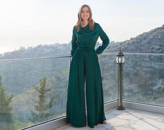 long sleeve jumpsuit dress Dark Green Silk Long Sleeve Jumpsuit - Wide Leg Cowl Neck Romper With  Pockets, Plus Size