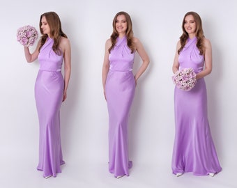 Lilac silk long halter dress, bridesmaid dress, wedding guest dress, evening dress, open back dress, bridal party attire, long dress