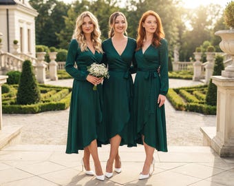 Dark green silk dress, silk dress, wrap dress, bridesmaid dress, wedding guest dress, women dress, maxi dress, evening dress, long dress