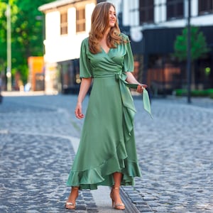 Olive Green Long Dress, Olive Green Tied Back Dress, Olive Green Slit Slip  Dress, Khaki Long Skirt Dress, Silk Maxi Dress, Green Long Dress 