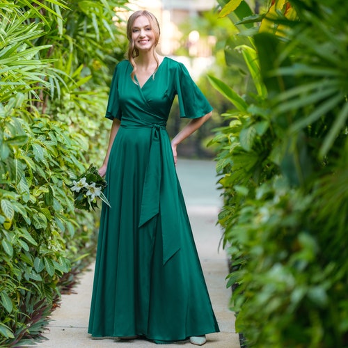 green dress under 500 Emerald Green Silk Wrap Dress, Bridesmaid Dress, Wedding Guest Dress, Silk  Satin Dress, Maxi Dress, Evening Dress, Long Dress, Formal Dress