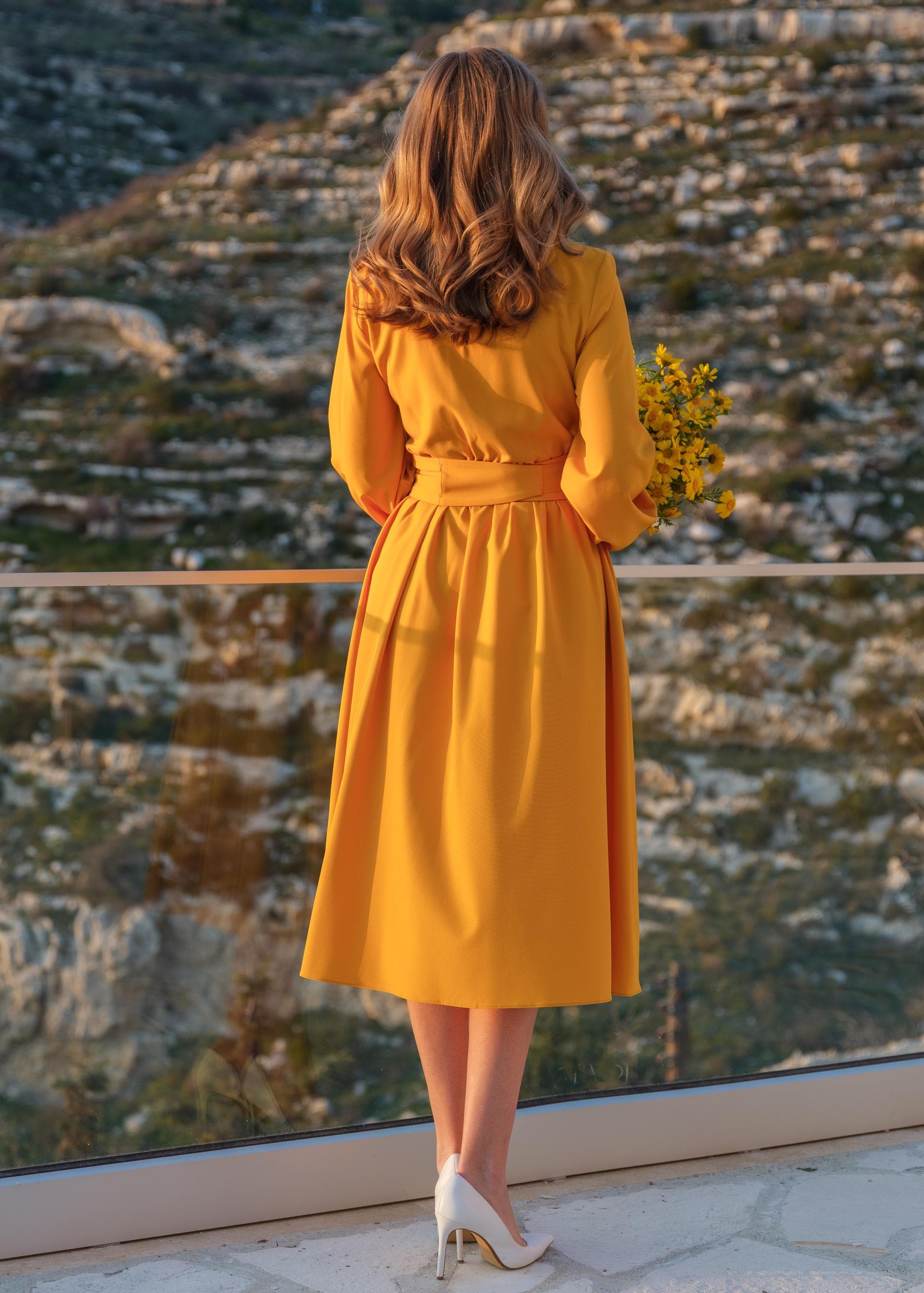 Honey Yellow Midi Dress with Belt & Pockets - Wedding Guest, Winter-Fall Outfit Honey Yellow Midi Dress with Belt & Pockets - Wedding Guest, Winter-Fall Outfit