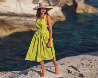 Lime green long organic cotton cross-back dress, mid-calf sundress, open back dress, crisscross, 50s-style dress, sleeveless, summer dress