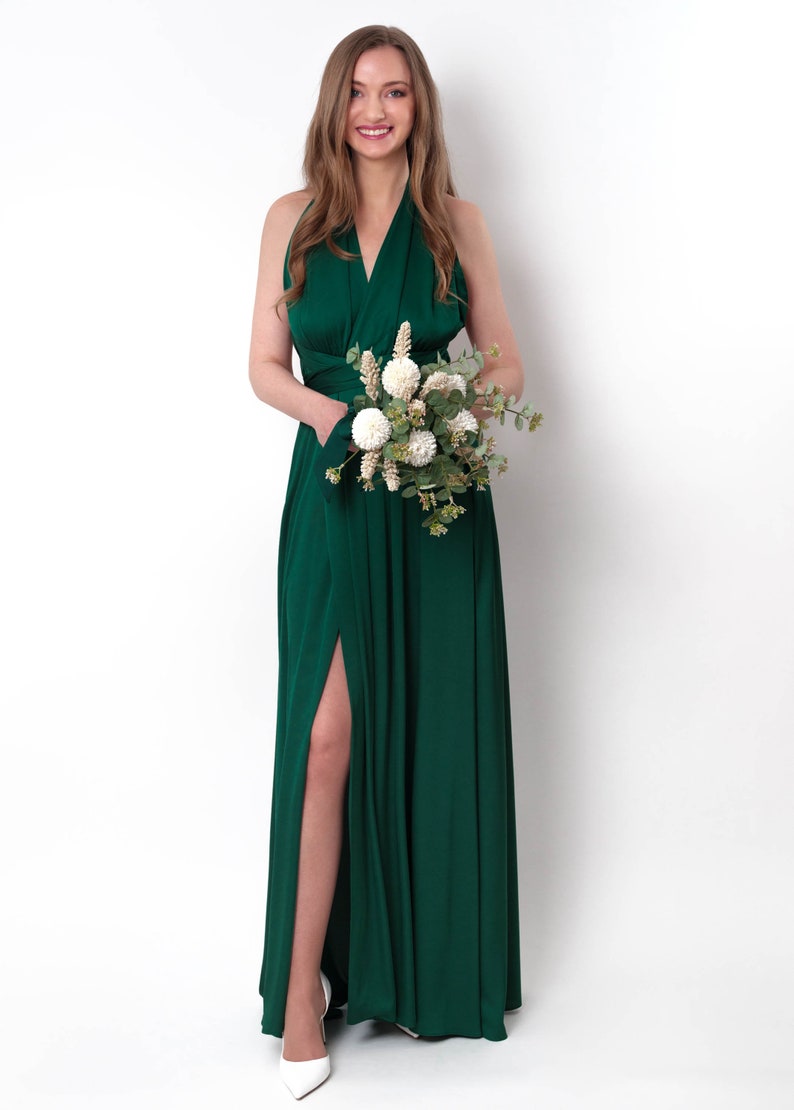Infinity-Schlitzkleid, dunkelgrünes Seidenkleid, Brautjungfernkleid, Seidensatinkleid, Multi-Wickelkleid, wandelbares Kleid, Multiway-Kleid Bild 7