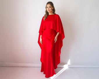 Red Silk Dress & Detachable Cape: Luxury Formal Gown, Wedding guest, Bridesmaids, Special Occasion, Custom made