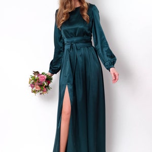 Dark Teal Green Silk Dress With Belt, Long Slit Dress, Bridesmaid Dress ...