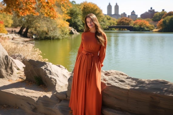 Rust Orange Long Sleeve Maxi Dress with Belt: Autumn Inspired Full Length Gown