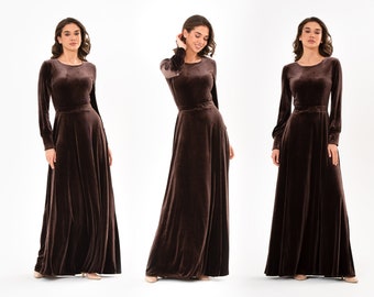 Chocolate brown velvet long dress, bridesmaid velvet dress, wedding dress, velvet bridesmaid dress, New Year, maxi dress, evening dress