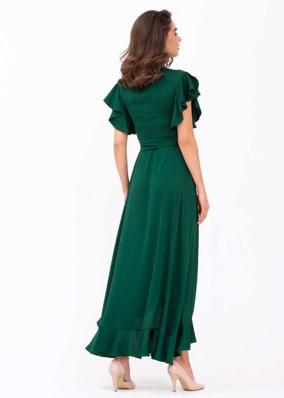 green emerald velvet dress Green Ruffle Sleeve Maxi Dress - All Dresses