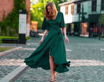 Robe vert foncé, robe en soie, robe portefeuille, robe de demoiselle d'honneur, robe d'invité de mariage, robe pour femme, robe longue, robe de soirée, robe longue