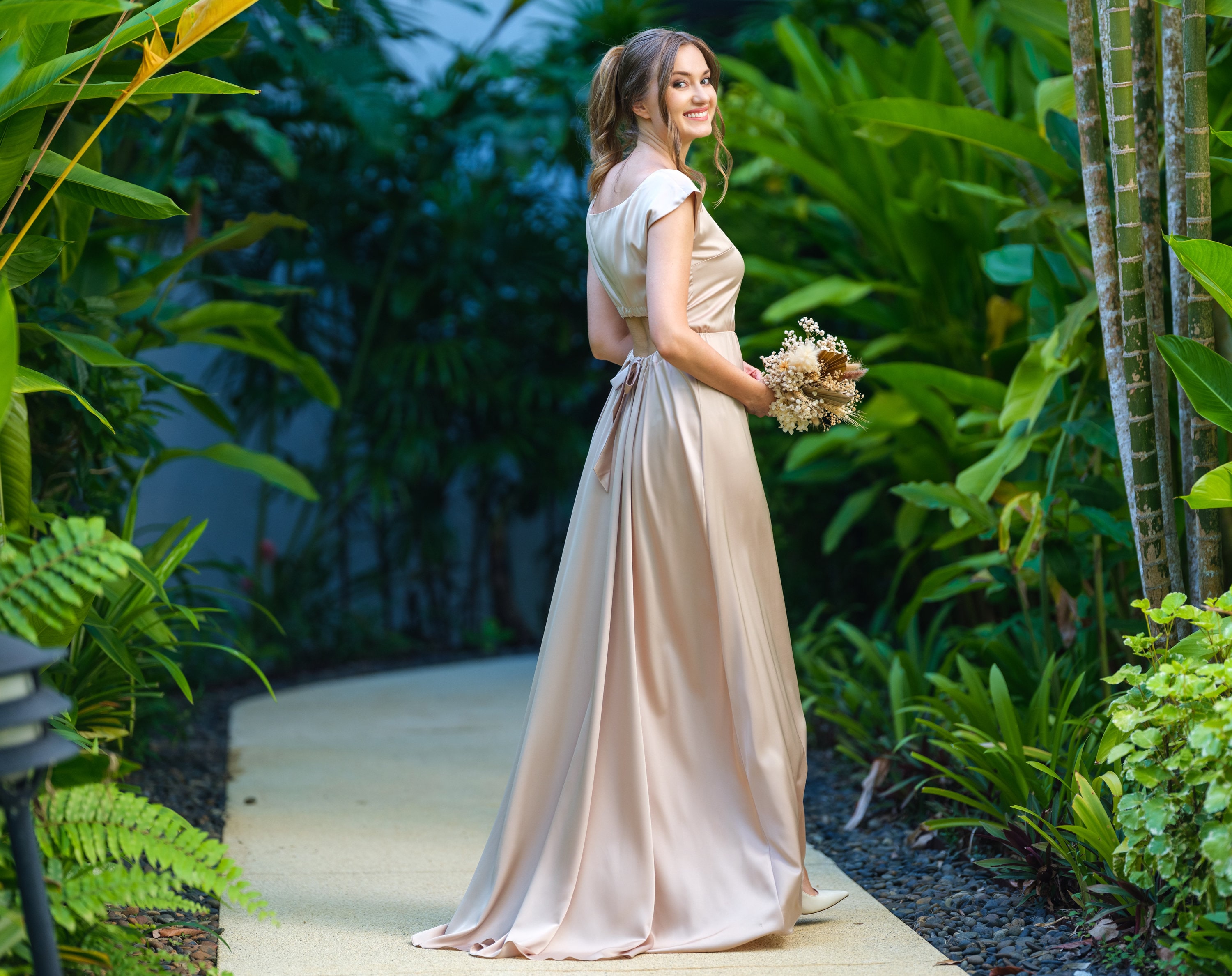 beige color long dress 509-2 Elegant long dress tied in many ways - beige with glitter