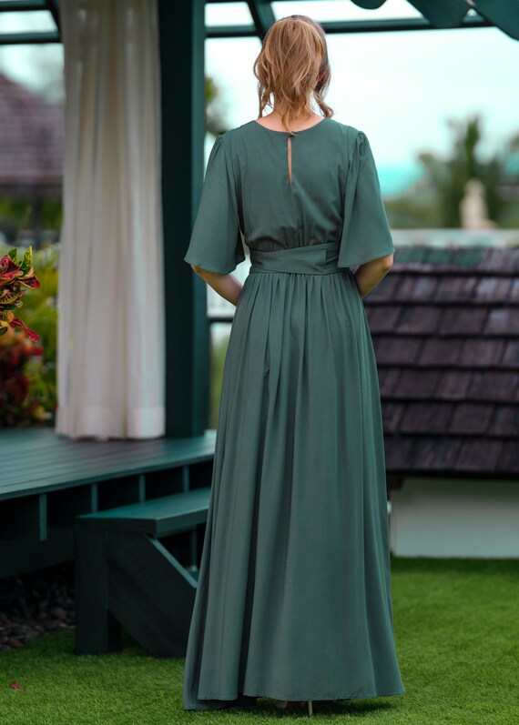 Dark Green Long Dress With Belt, Viscose Slit Dress, Bridesmaids Dress,  Wedding Guest Dress, Summer Dress, Evening Dress, Formal Dress - Etsy