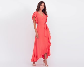 Coral red romantic wrap around dress, maxi dress, long dress, wedding guest dress,formal short sleeve dress,evening dress,elegant dress,maxi